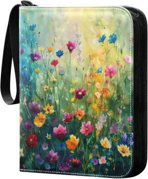 Abstract Colorful Wildflowers Card Binder 4-Pocket, 400 Pockets PU Waterproof Zippered Collector Card Album with 50 Removable Sleeves for Trading, Game Cards