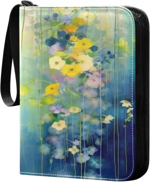 Abstract Flower Painting Collectible Trading Card Albums,4-Pocket Card Binder with 50 Removable Sleeves with Zipper Game Card Collection Binder Album Holder