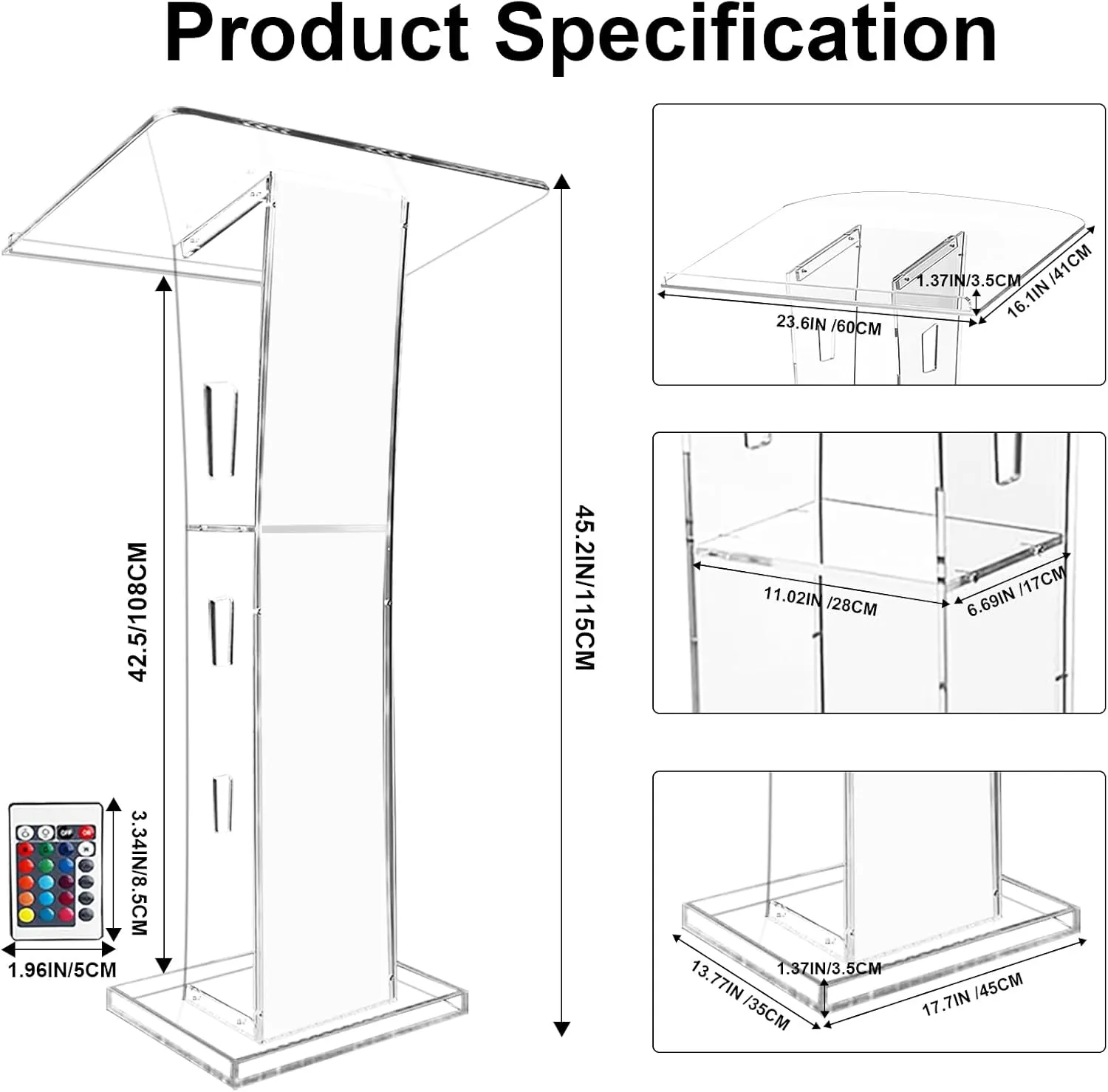 Acrylic Podium Stand, Ultra Clear 43'' Pulpits for Churches with 15 Color Adjustable, Modern Lectern with Storage Sheld for Church,Conference,Speech,Classroom, 23.62”x 15.75”X 43.3” (Without Wheels)