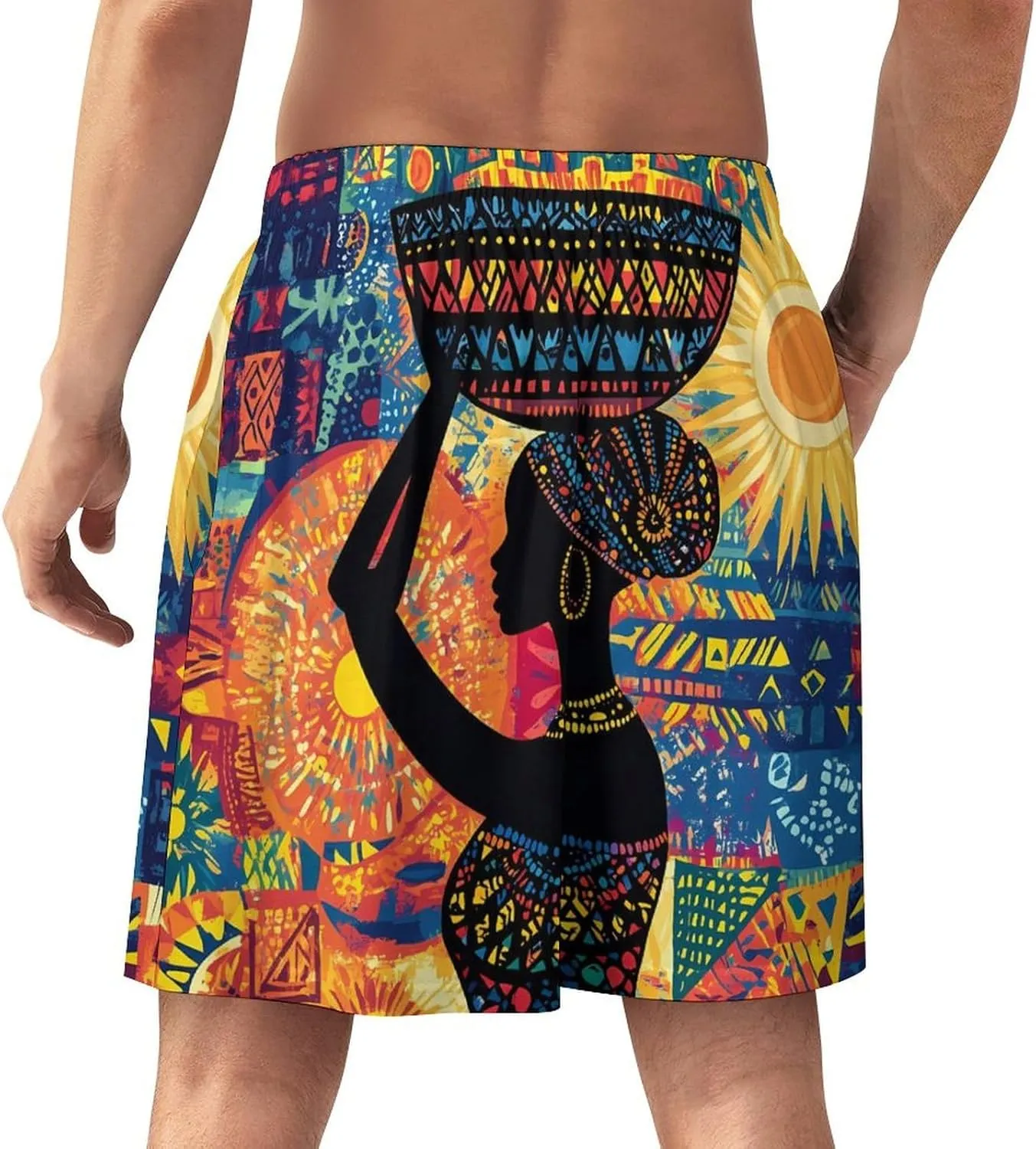 African Woman Carrying An Ornate Basket Soft Short Pajama Bottoms for Men Breathable Cool Bottoms Lounge Sleepwear