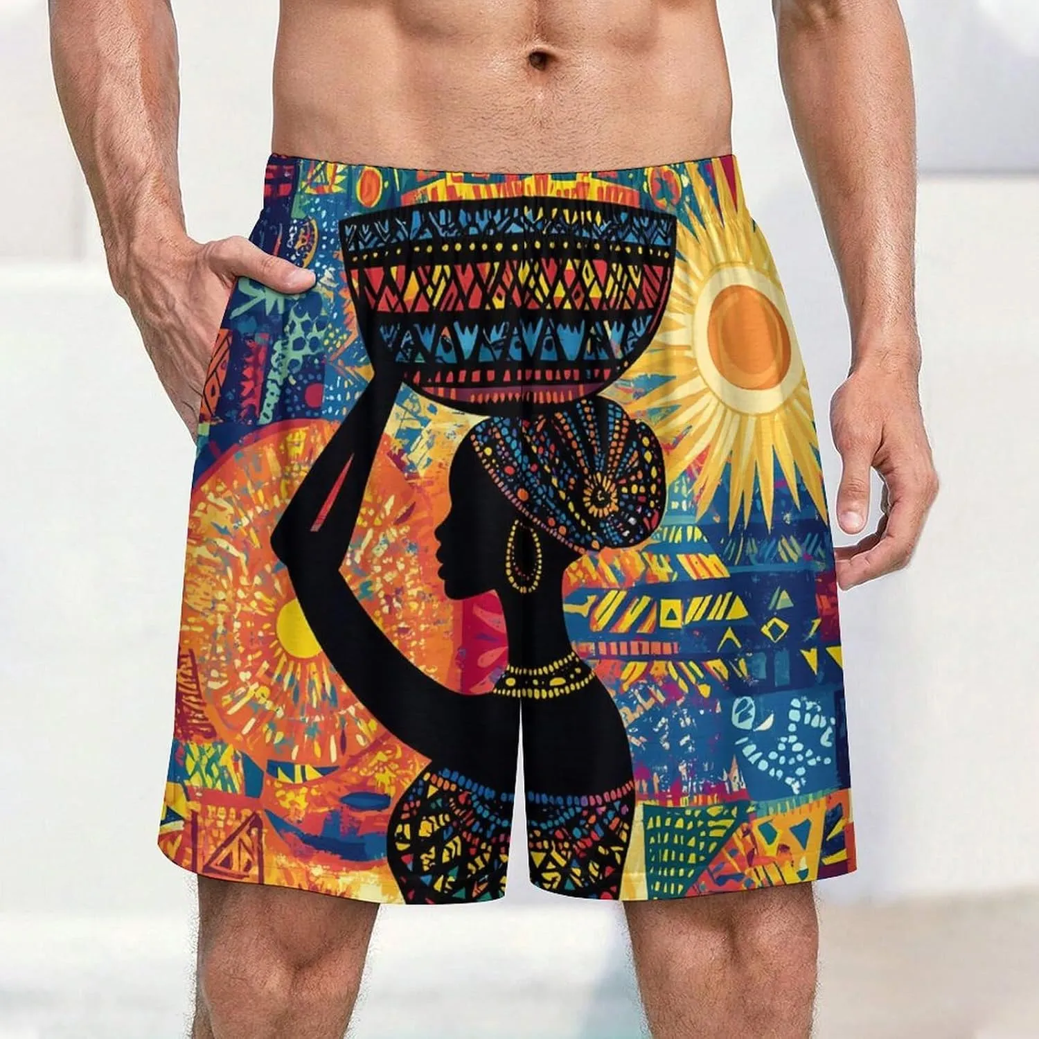 African Woman Carrying An Ornate Basket Soft Short Pajama Bottoms for Men Breathable Cool Bottoms Lounge Sleepwear