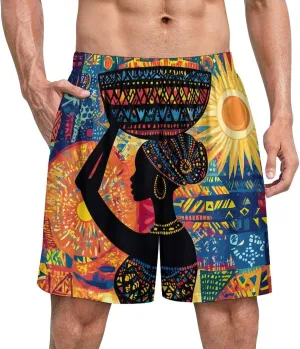 African Woman Carrying An Ornate Basket Soft Short Pajama Bottoms for Men Breathable Cool Bottoms Lounge Sleepwear