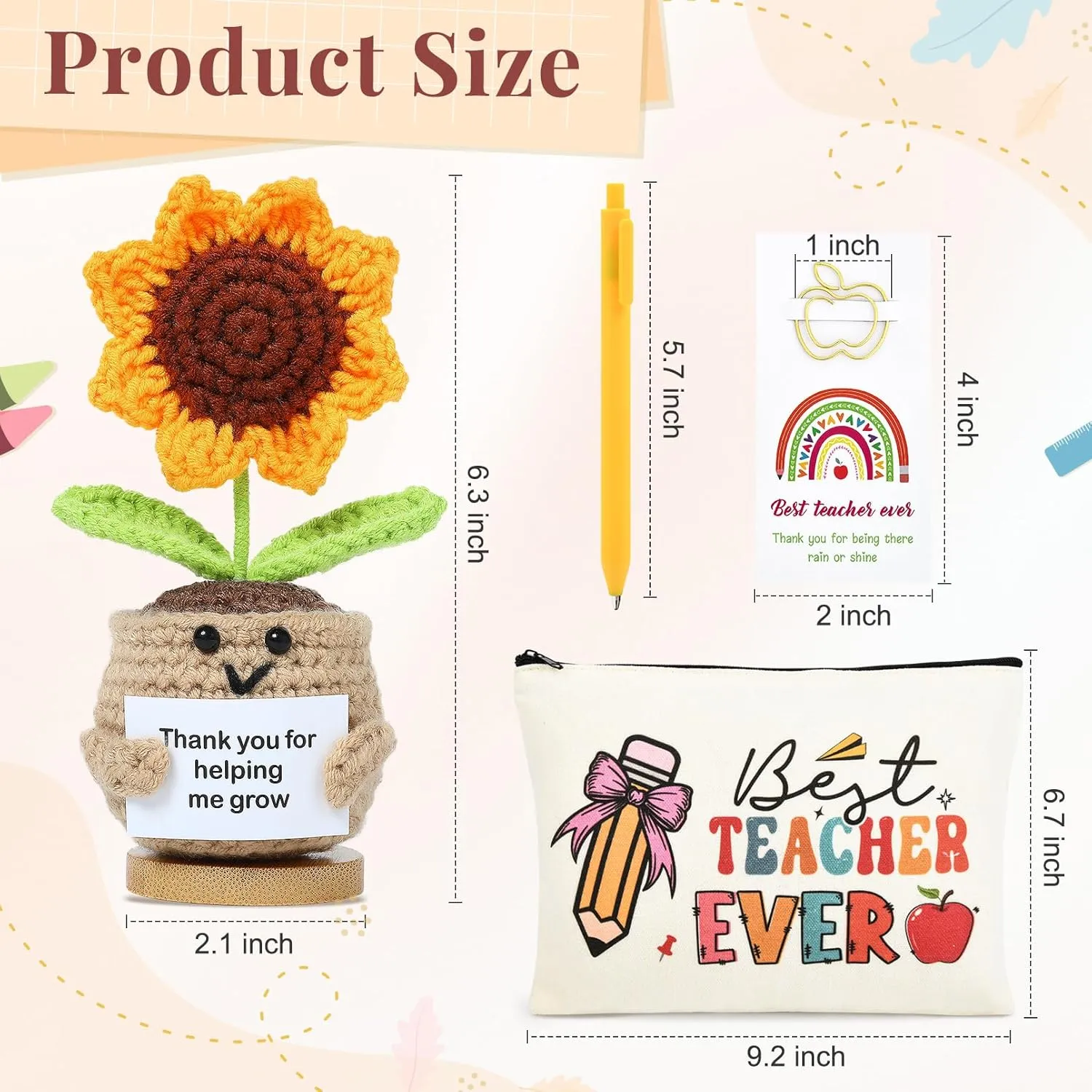 Aileam Teacher Appreciation Gifts 6PCS Gifts for Teacher Makeup Bags Survival kit Sunflower Bookmark Pen Thank You Graduation Retirement for Women School Book Reading Lovers