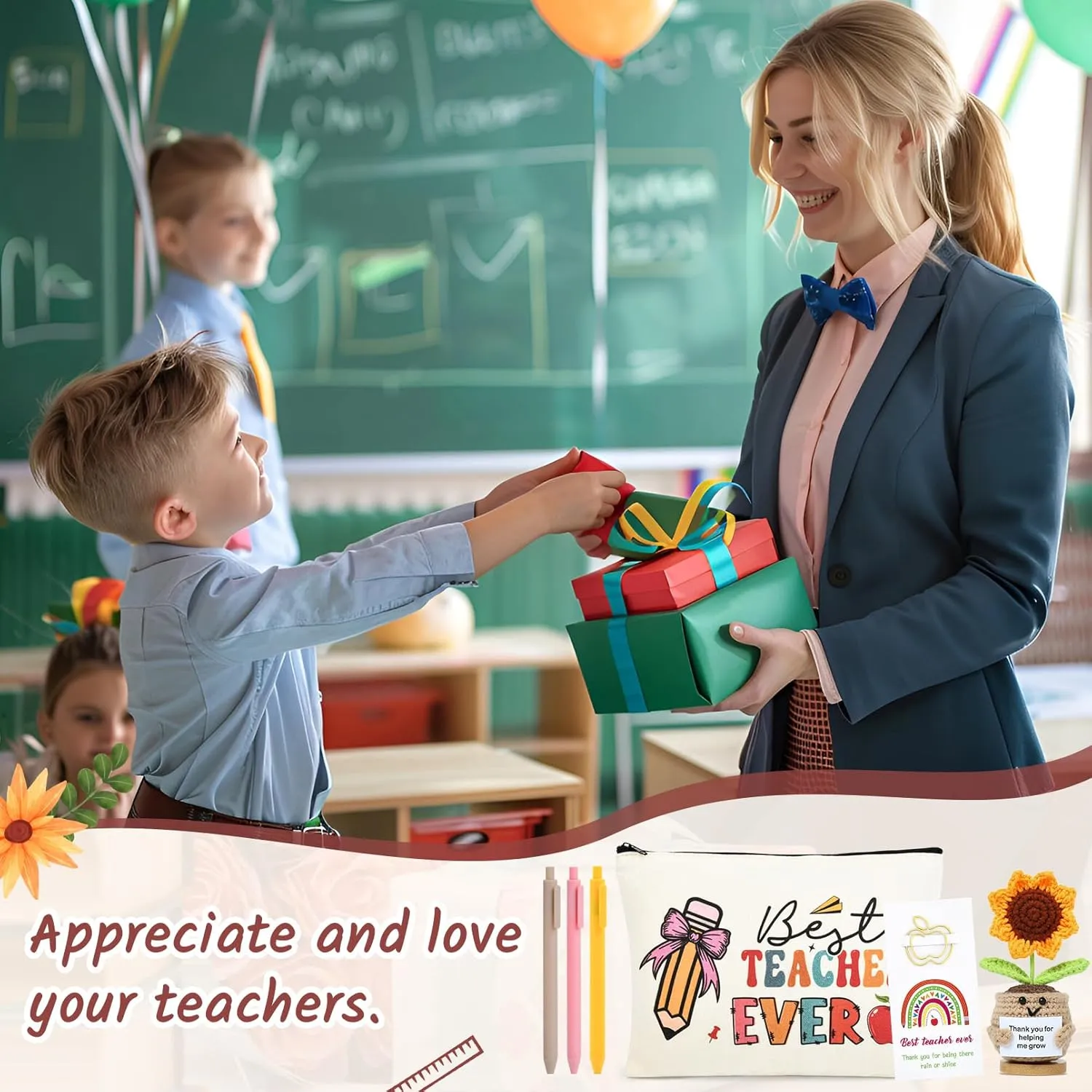 Aileam Teacher Appreciation Gifts 6PCS Gifts for Teacher Makeup Bags Survival kit Sunflower Bookmark Pen Thank You Graduation Retirement for Women School Book Reading Lovers