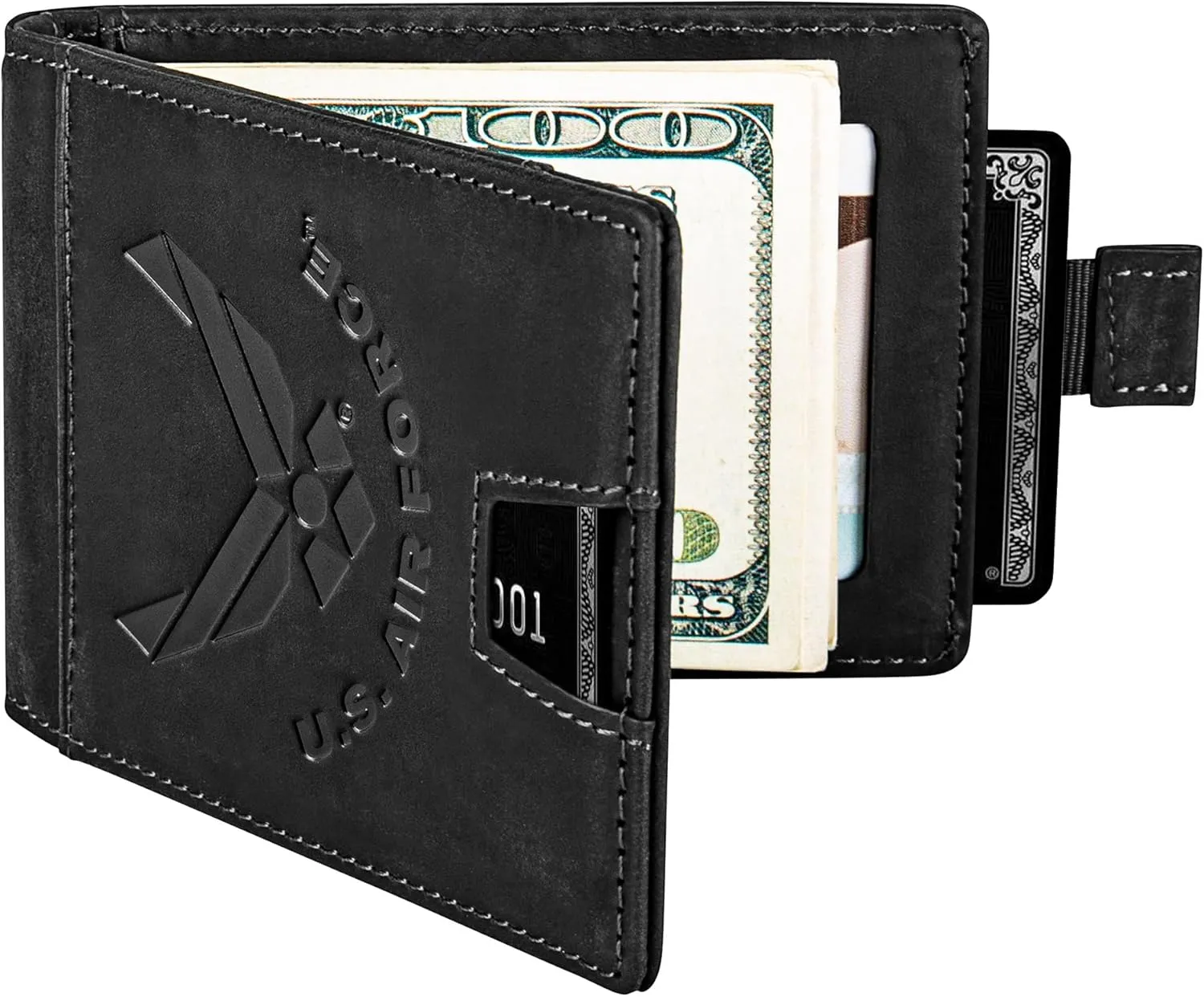 Air Force Black Crazy Horse Leather Bi-Fold Card Holder with Money Clip - Black Air Force Wallet