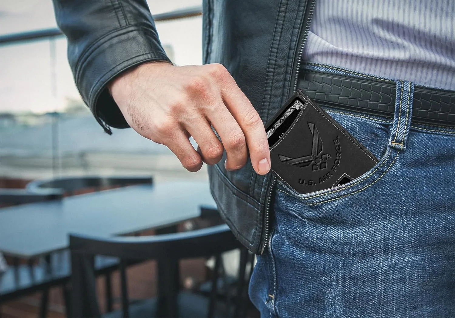 Air Force Black Crazy Horse Leather Bi-Fold Card Holder with Money Clip - Black Air Force Wallet