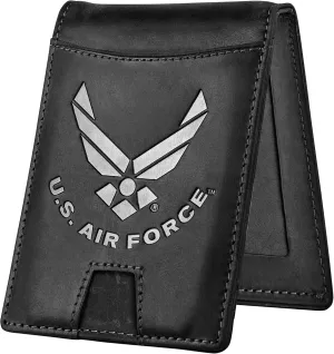 Air Force Black Crazy Horse Leather Bi-Fold Card Holder with Money Clip - Black Air Force Wallet