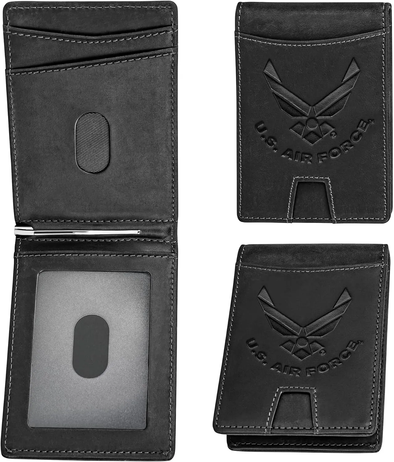 Air Force Black Crazy Horse Leather Bi-Fold Card Holder with Money Clip - Black Air Force Wallet