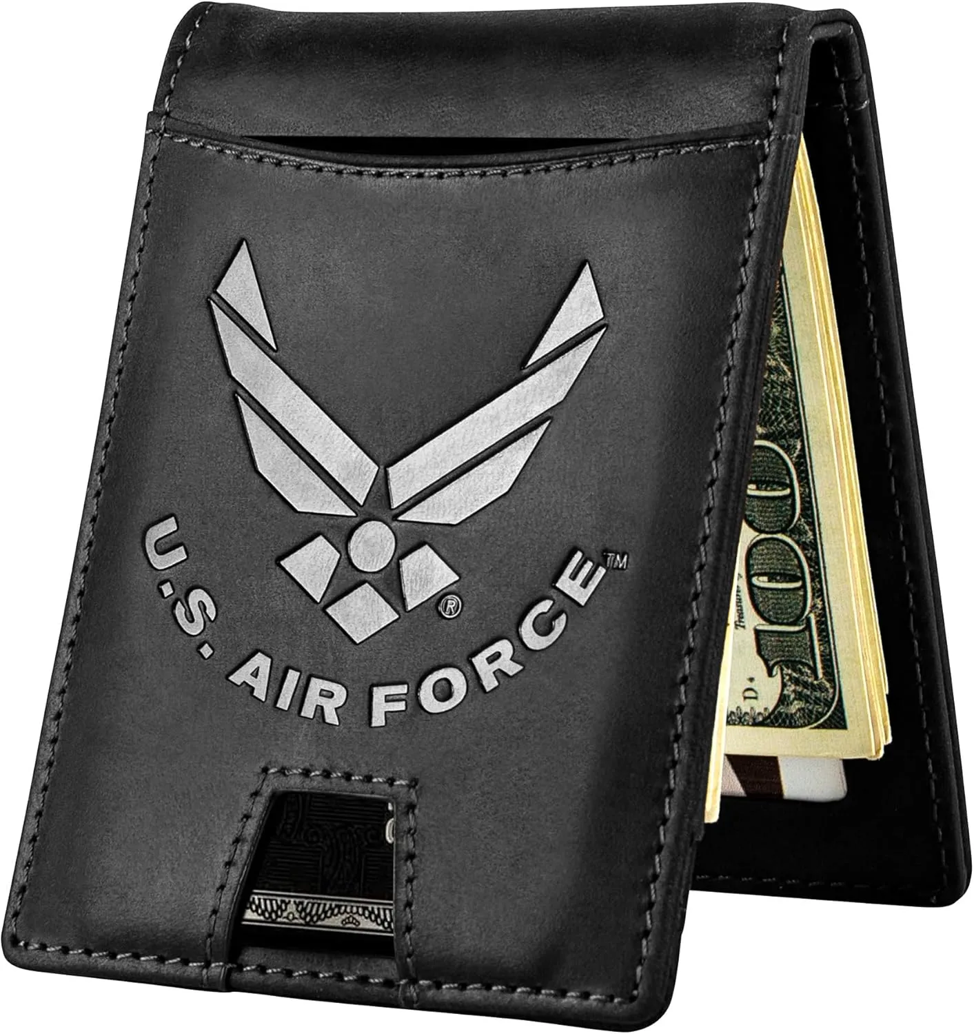 Air Force Black Crazy Horse Leather Bi-Fold Card Holder with Money Clip - Black Air Force Wallet