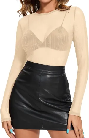AKEWEI Womens Mesh Long Sleeve Tops Crew Neck Sexy See Through Tee Shirts Party Club Night Lace Blouse