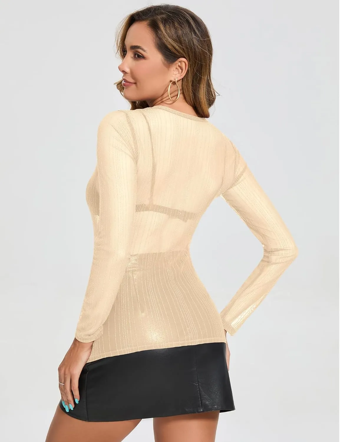 AKEWEI Womens Mesh Long Sleeve Tops Crew Neck Sexy See Through Tee Shirts Party Club Night Lace Blouse