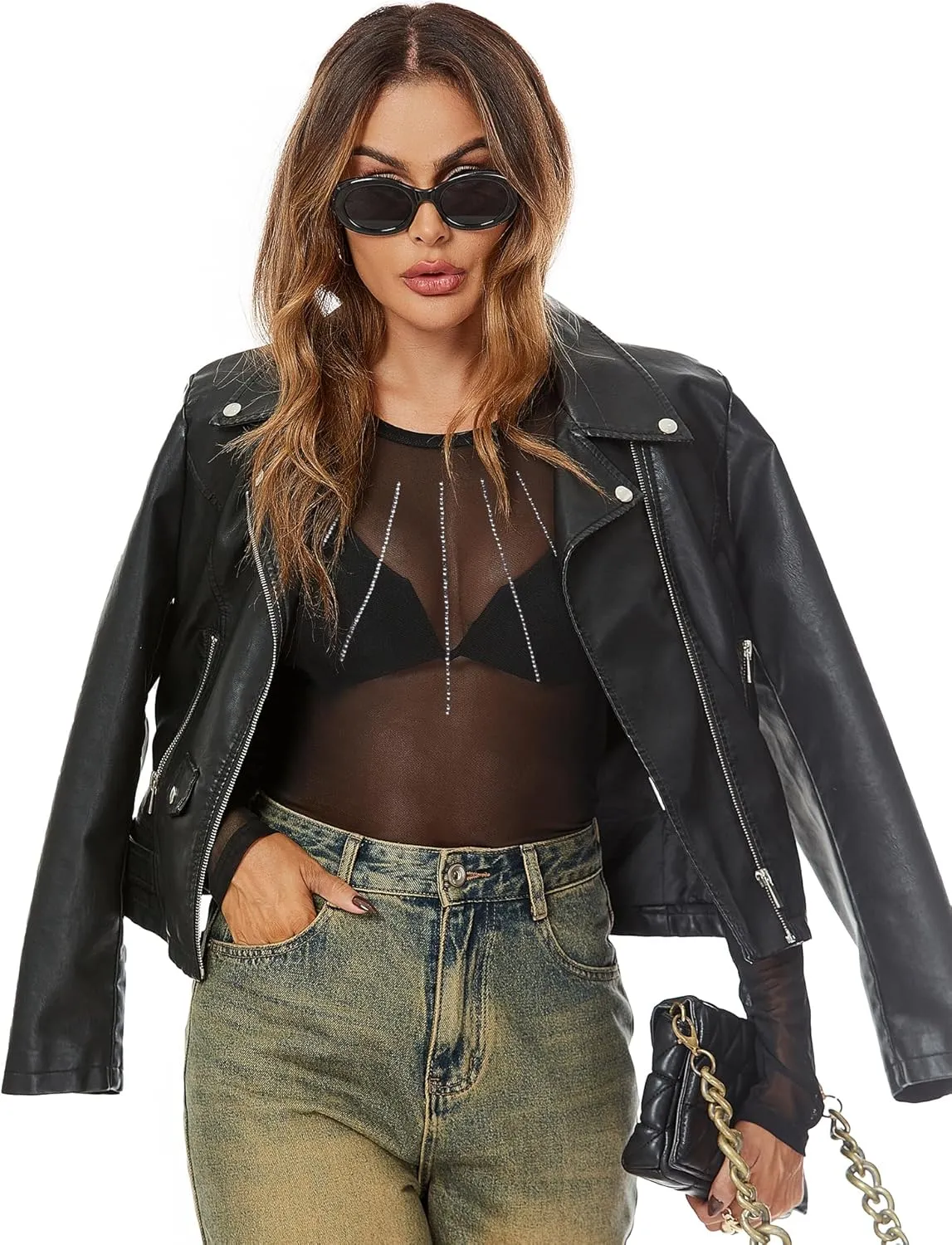 AKEWEI Womens Mesh Long Sleeve Tops Crew Neck Sexy See Through Tee Shirts Party Club Night Lace Blouse