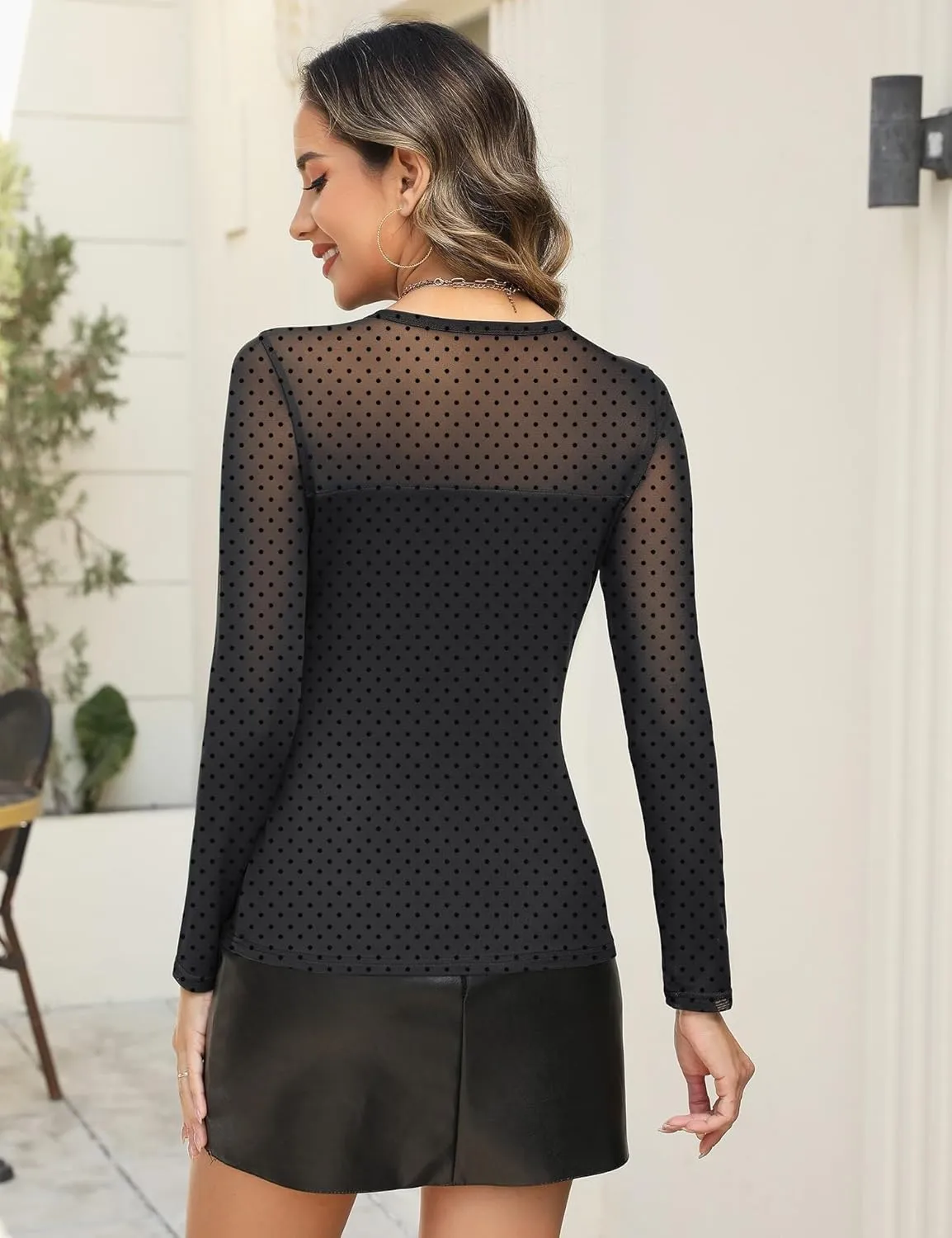 AKEWEI Womens Sexy Sheer Mesh Long Sleeve Tops Crew Neck Double Layered Tee Shirts Going Out Party Club Night Lace Blouse