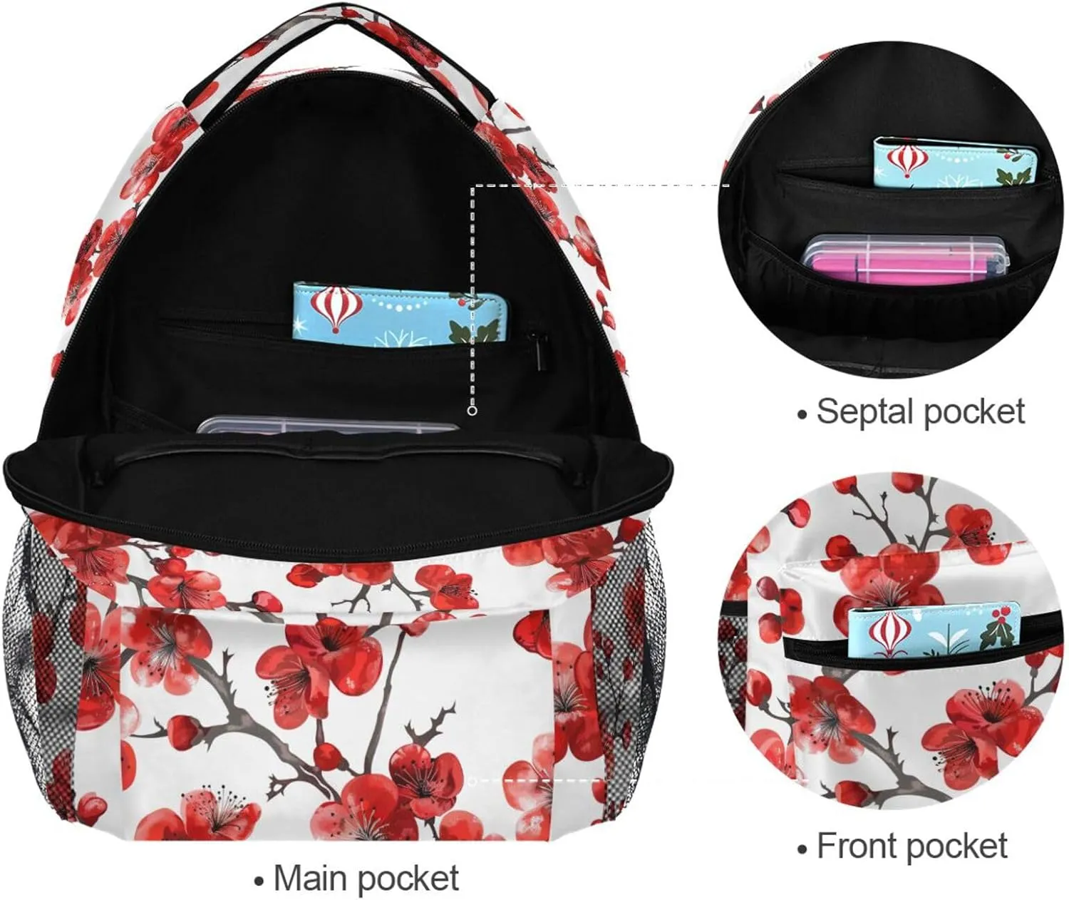 ALAZA Red Cherry Blossom Flower Backpack Purse with Multiple Pockets Name Card Personalized Travel Laptop Book Bag, Size M/16.9 inch