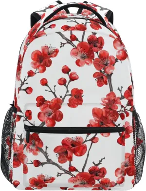 ALAZA Red Cherry Blossom Flower Backpack Purse with Multiple Pockets Name Card Personalized Travel Laptop Book Bag, Size M/16.9 inch