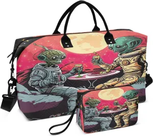 Aliens Dinner Space Earth Travel Duffel Bag with Toiletry Bag Weekender Bag for Carry on Sports Gym Bag for Maternity Mommy Hospital
