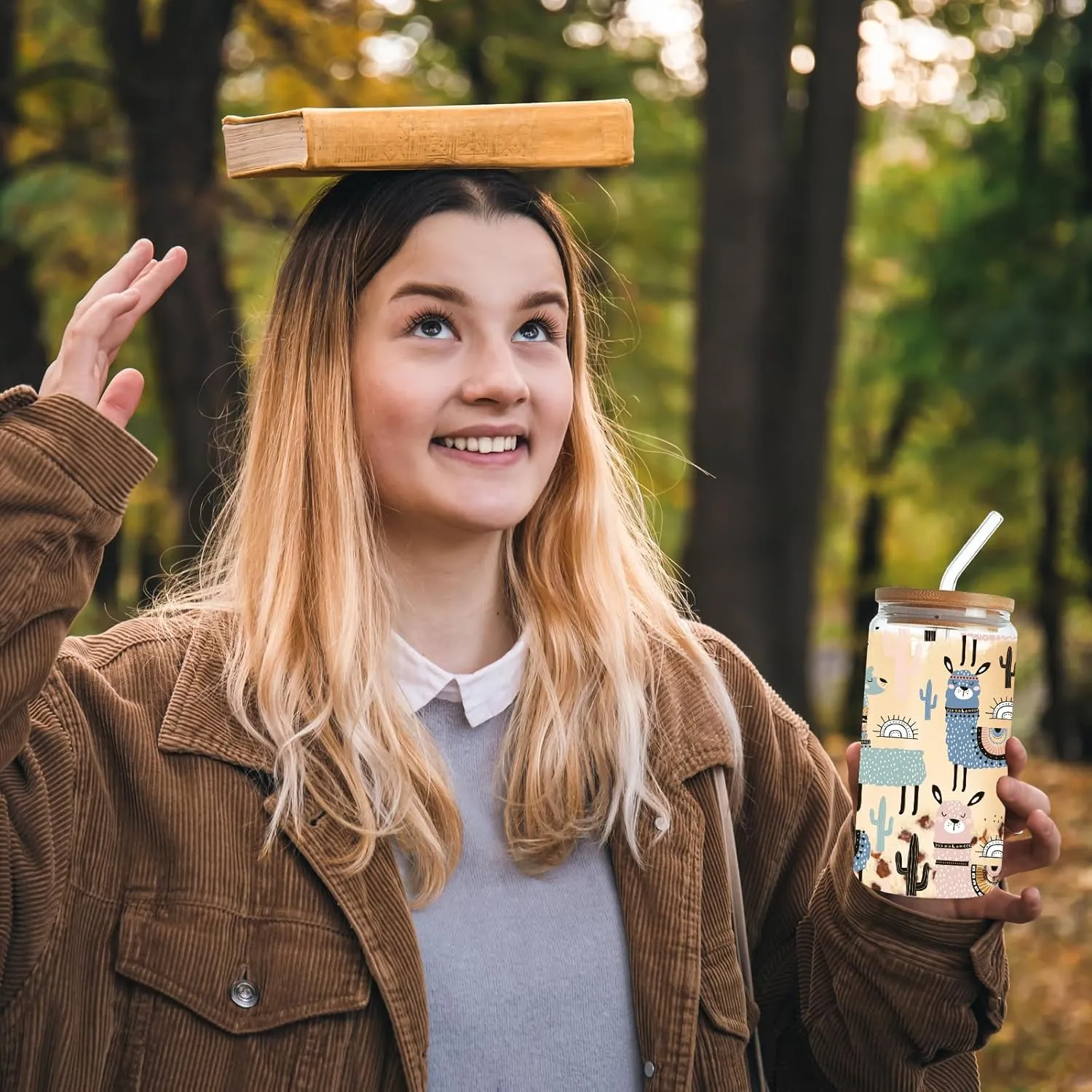 Alpaca Llama Drinking Glass Cup 16 Oz with Bamboo Lid and Straws, Iced Coffee Beer Cocktail Glass Tumbler, Holiday Christmas Birthday Gift for Dad Mom Sister Friends Bestie