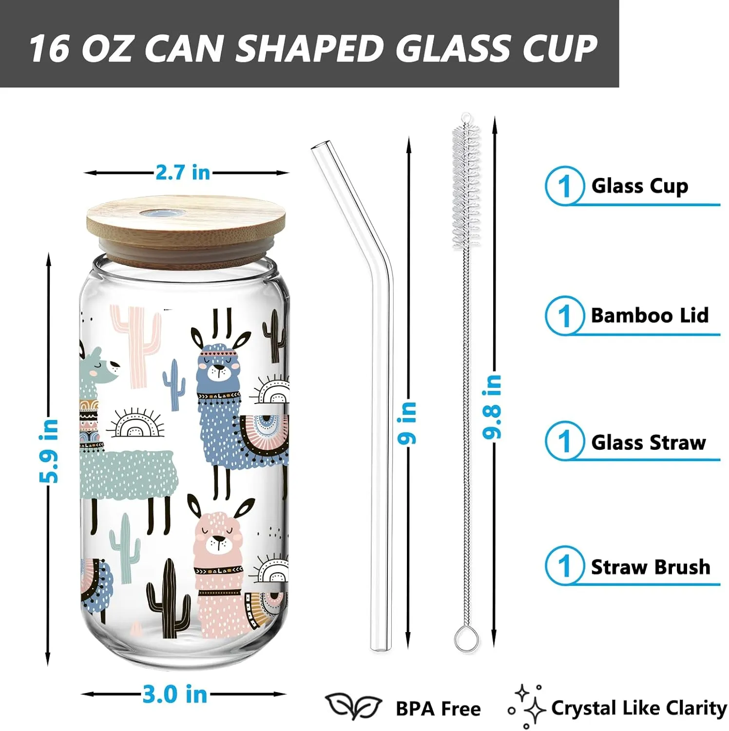 Alpaca Llama Drinking Glass Cup 16 Oz with Bamboo Lid and Straws, Iced Coffee Beer Cocktail Glass Tumbler, Holiday Christmas Birthday Gift for Dad Mom Sister Friends Bestie