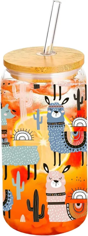 Alpaca Llama Drinking Glass Cup 16 Oz with Bamboo Lid and Straws, Iced Coffee Beer Cocktail Glass Tumbler, Holiday Christmas Birthday Gift for Dad Mom Sister Friends Bestie