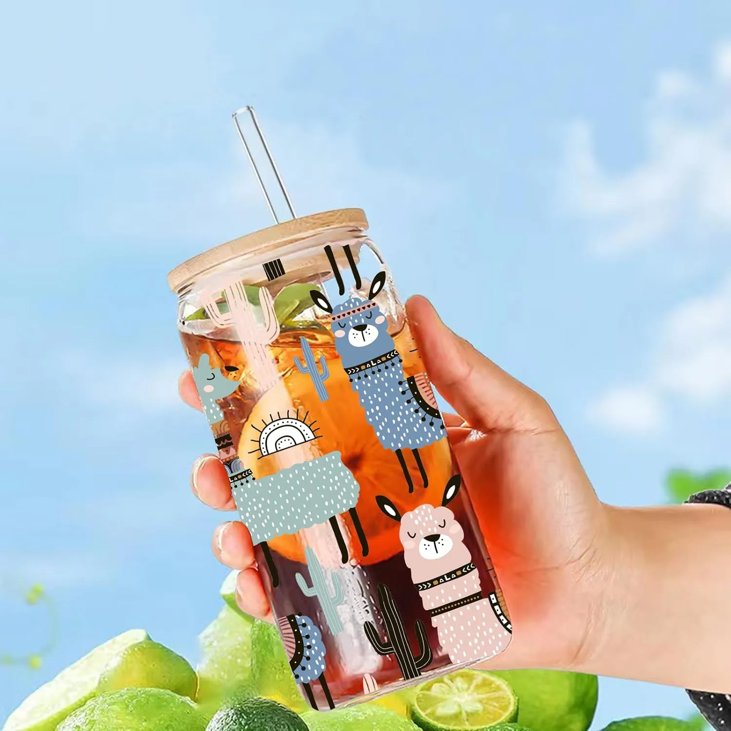Alpaca Llama Drinking Glass Cup 16 Oz with Bamboo Lid and Straws, Iced Coffee Beer Cocktail Glass Tumbler, Holiday Christmas Birthday Gift for Dad Mom Sister Friends Bestie