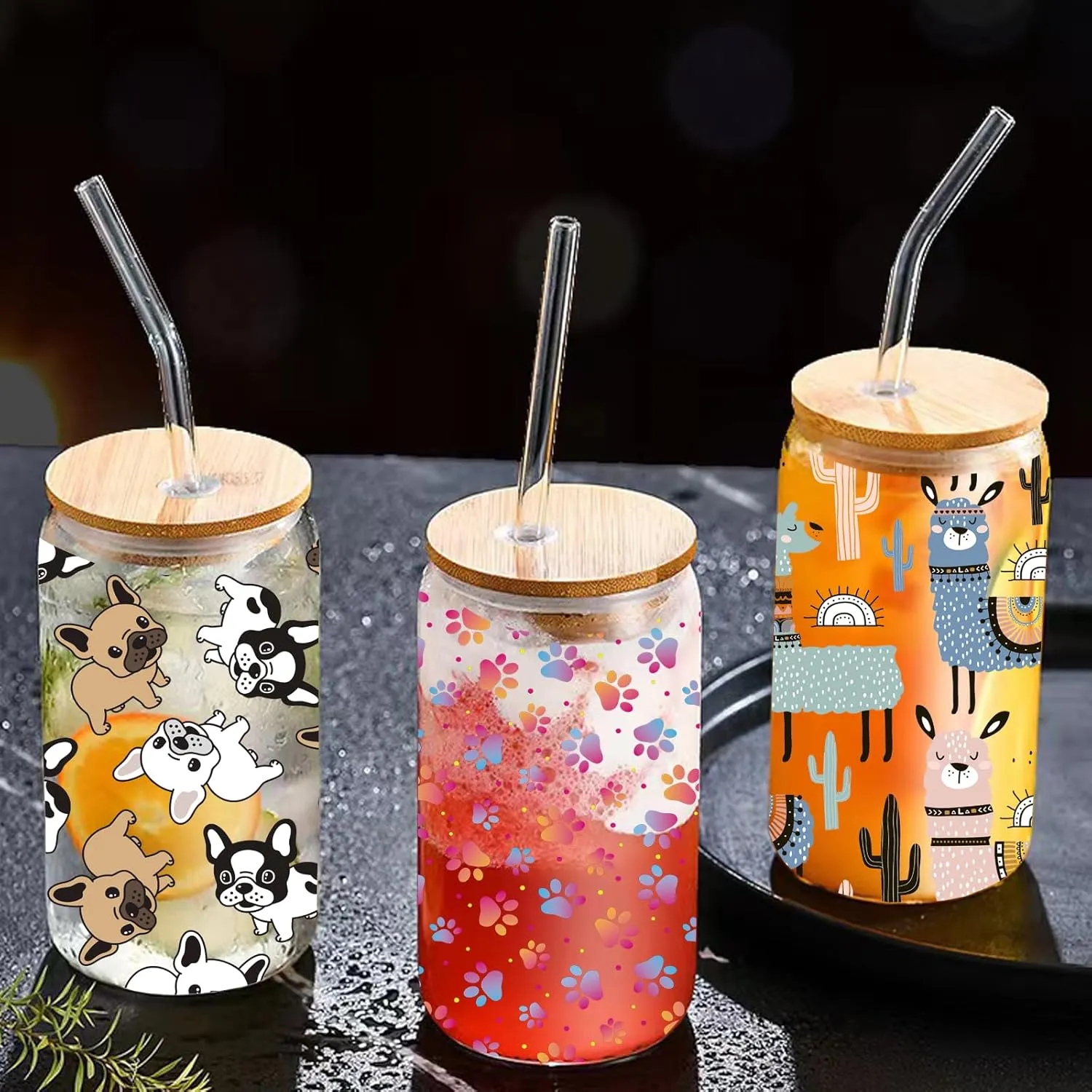 Alpaca Llama Drinking Glass Cup 16 Oz with Bamboo Lid and Straws, Iced Coffee Beer Cocktail Glass Tumbler, Holiday Christmas Birthday Gift for Dad Mom Sister Friends Bestie
