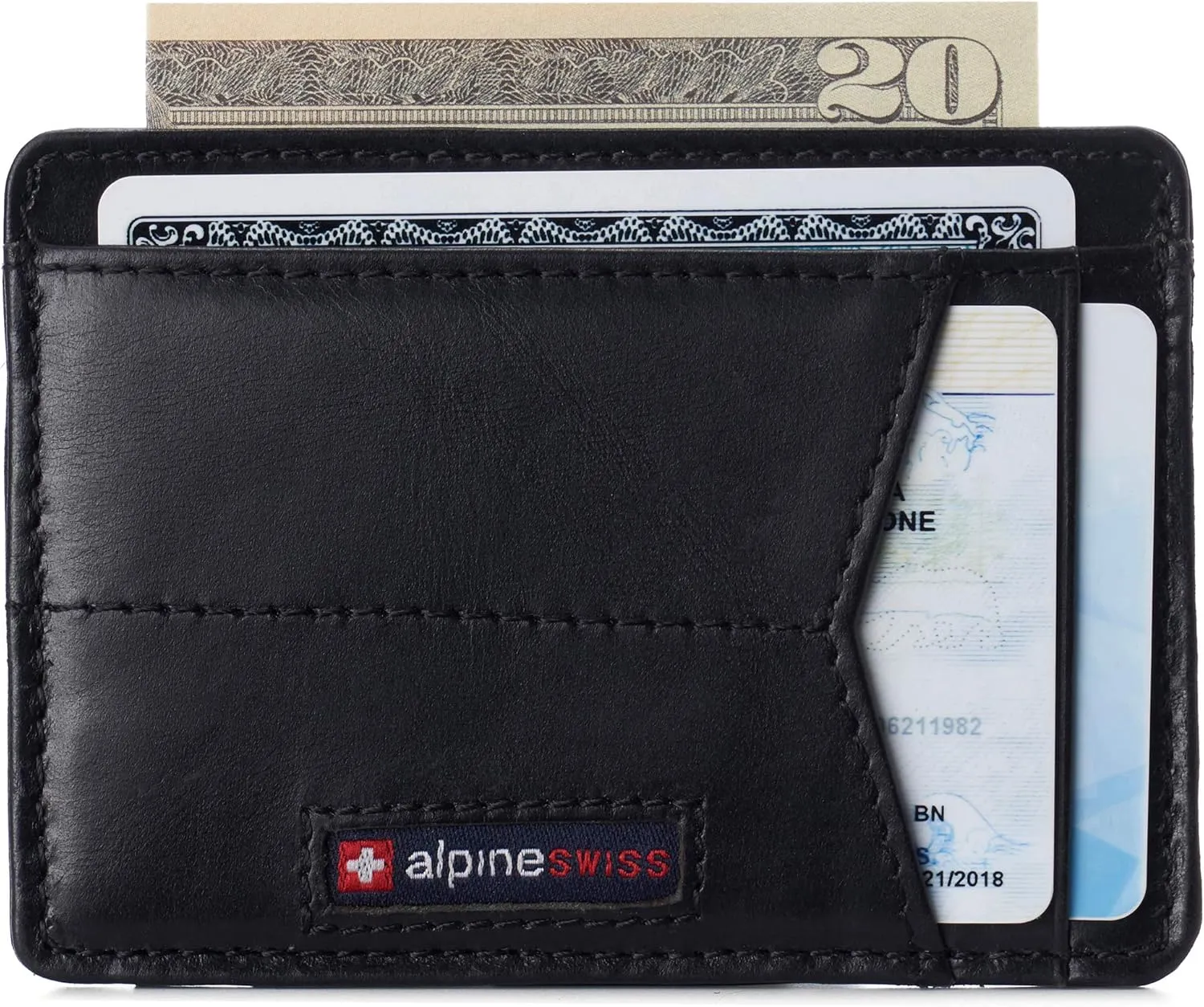 Alpine Swiss RFID Minimalist Oliver Front Pocket Wallet For Men Leather Hampton Collection Glossy Nappa Black