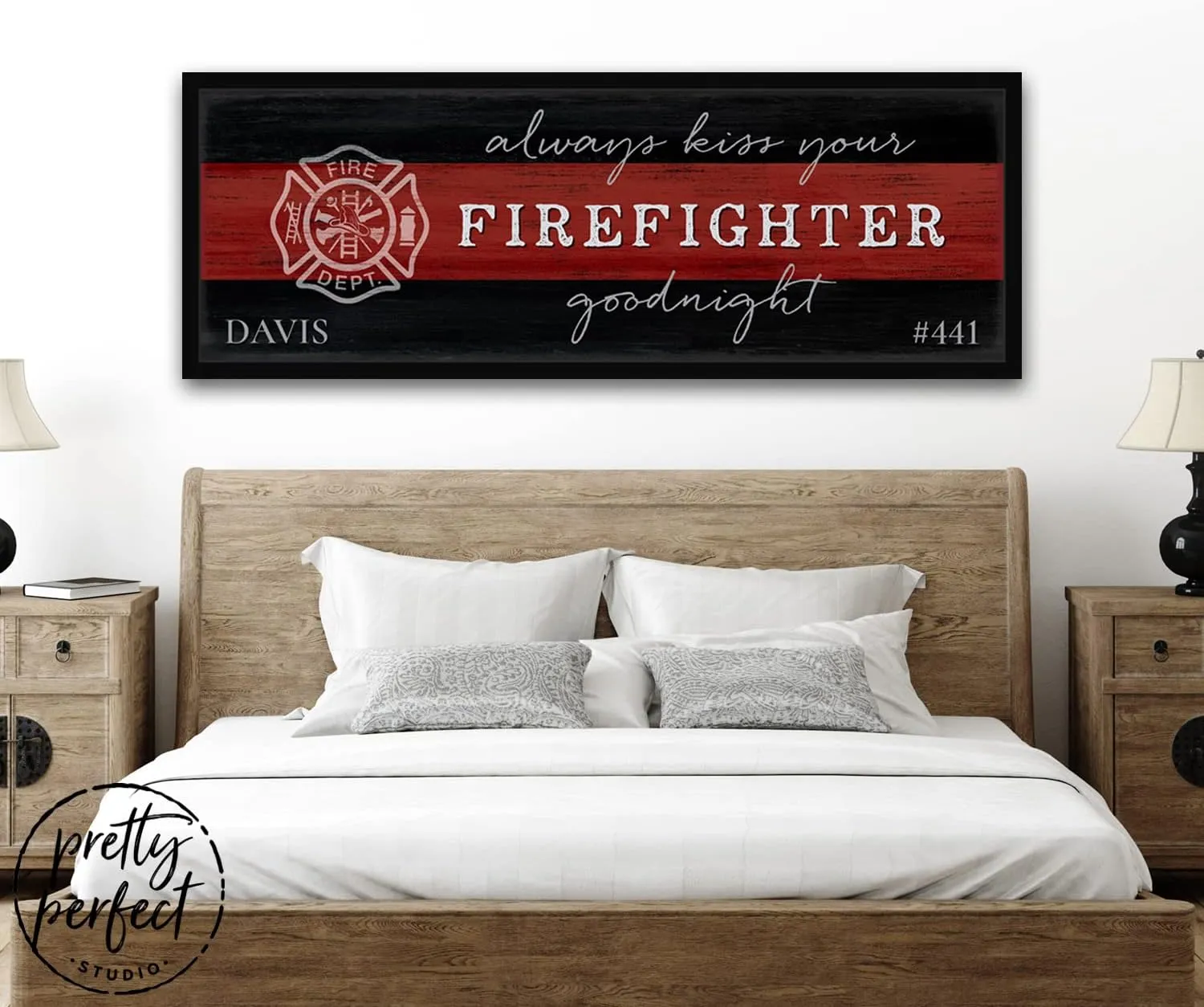 Always Kiss Your Firefighter Goodnight, Custom Thin Red Line Firefighter Name Sign, Personalized Fire Department Wall Art Gift for Fireman, Ready-To-Hang Canvas - Black Framed 20"x60"