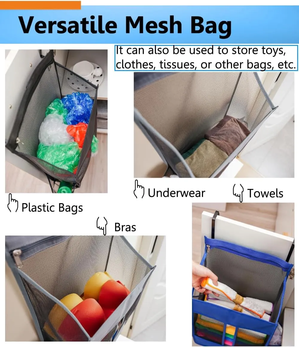 ALYER Hanging Plastic Grocery Bag Holder and Dispenser,Mesh Over the Cabinet Door Organizer with Easy-Access Openings for Kitchen Towel,Bras,Laundry,Installation Free(Gray, 21.7"H * 11.8"W * 5.9"D)