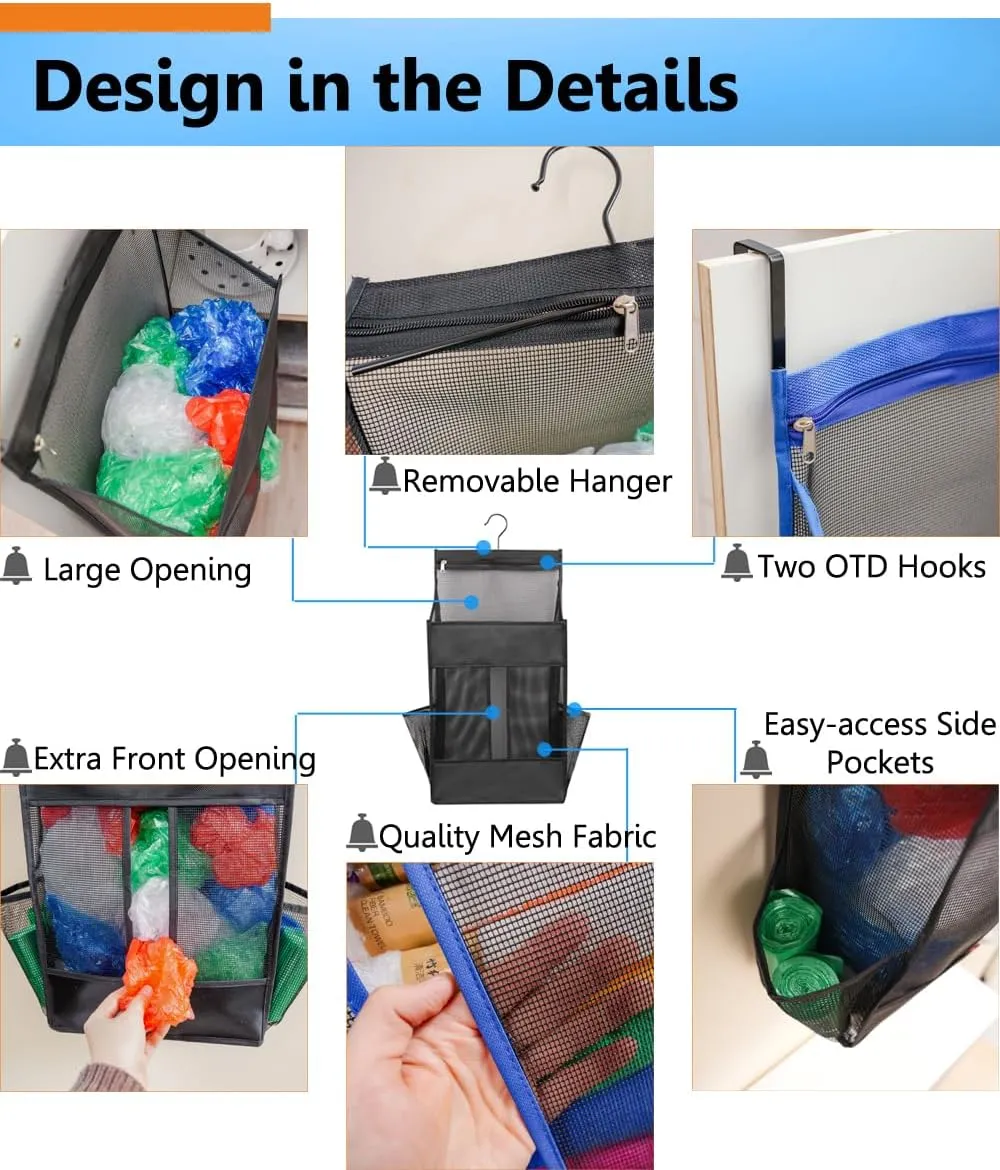 ALYER Hanging Plastic Grocery Bag Holder and Dispenser,Mesh Over the Cabinet Door Organizer with Easy-Access Openings for Kitchen Towel,Bras,Laundry,Installation Free(Gray, 21.7"H * 11.8"W * 5.9"D)