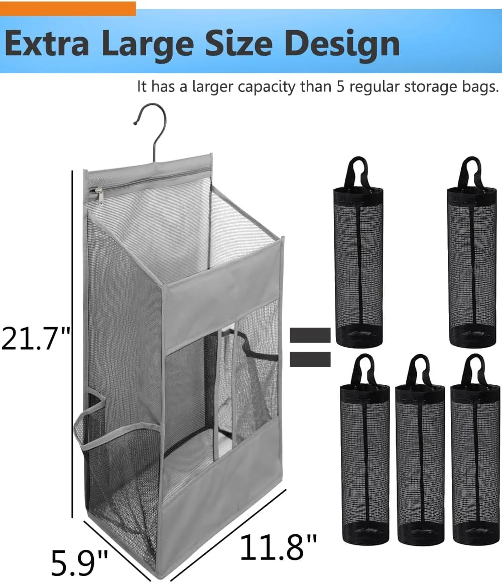 ALYER Hanging Plastic Grocery Bag Holder and Dispenser,Mesh Over the Cabinet Door Organizer with Easy-Access Openings for Kitchen Towel,Bras,Laundry,Installation Free(Gray, 21.7"H * 11.8"W * 5.9"D)