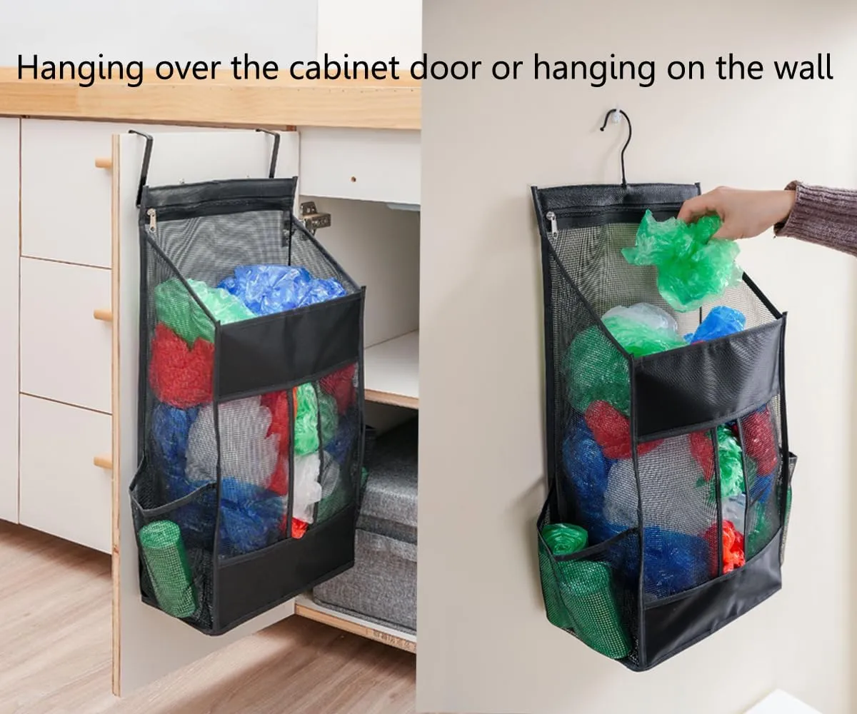 ALYER Hanging Plastic Grocery Bag Holder and Dispenser,Mesh Over the Cabinet Door Organizer with Easy-Access Openings for Kitchen Towel,Bras,Laundry,Installation Free(Gray, 21.7"H * 11.8"W * 5.9"D)