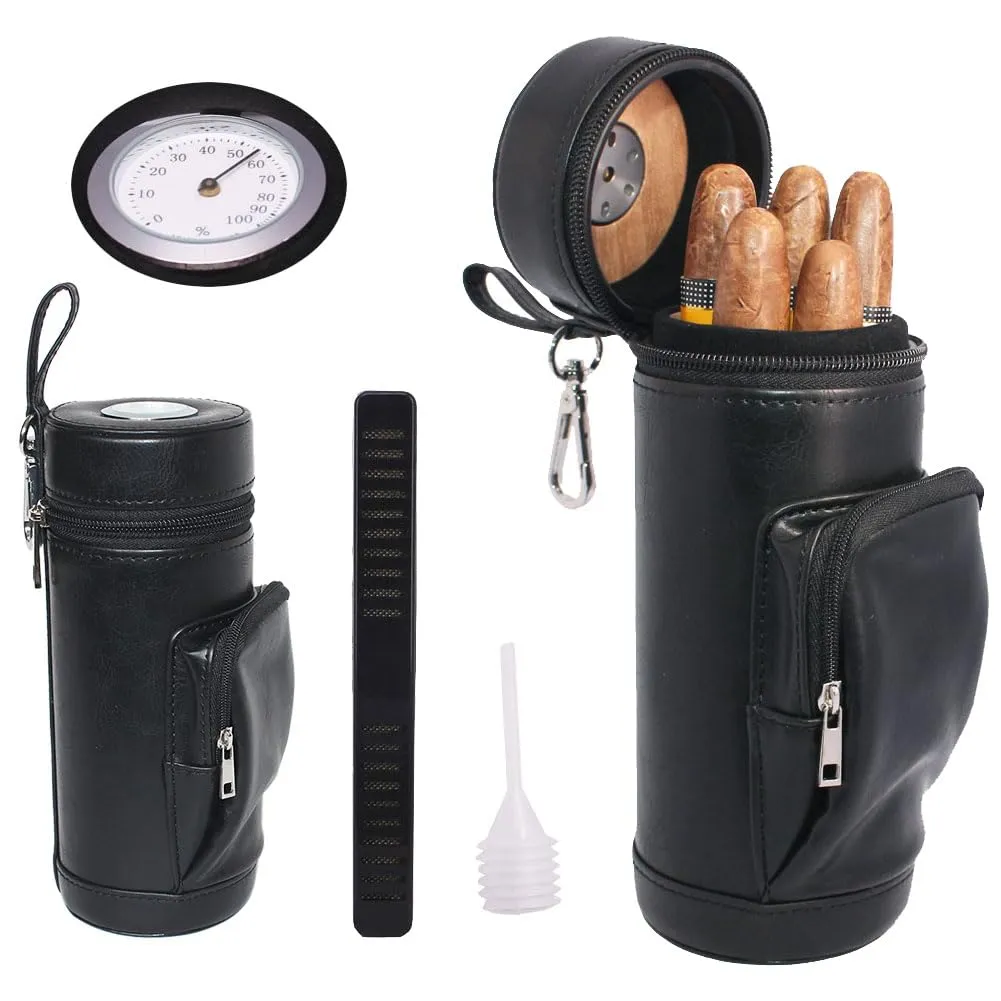 AMANCY Premium Handy Black Built- in Hygrometer Leather Travel Cigar Humidor with Accessory Pocket，Travel Cigar Case Pouch,Conveniently Carry Lighter and Cutter
