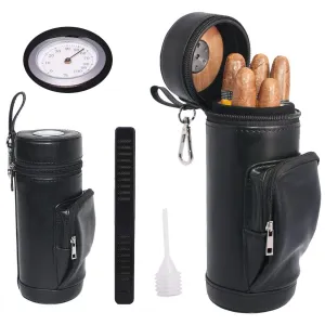 AMANCY Premium Handy Black Built- in Hygrometer Leather Travel Cigar Humidor with Accessory Pocket，Travel Cigar Case Pouch,Conveniently Carry Lighter and Cutter