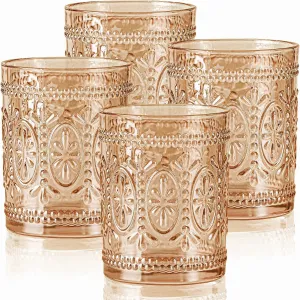 Amber Glassware set of 4, Vintage Drinking Glasses, 10oz Heavy Duty Glass Cups, Colored Glassware Set, Embossed Glasses Set for Party Wedding Home Office Gift