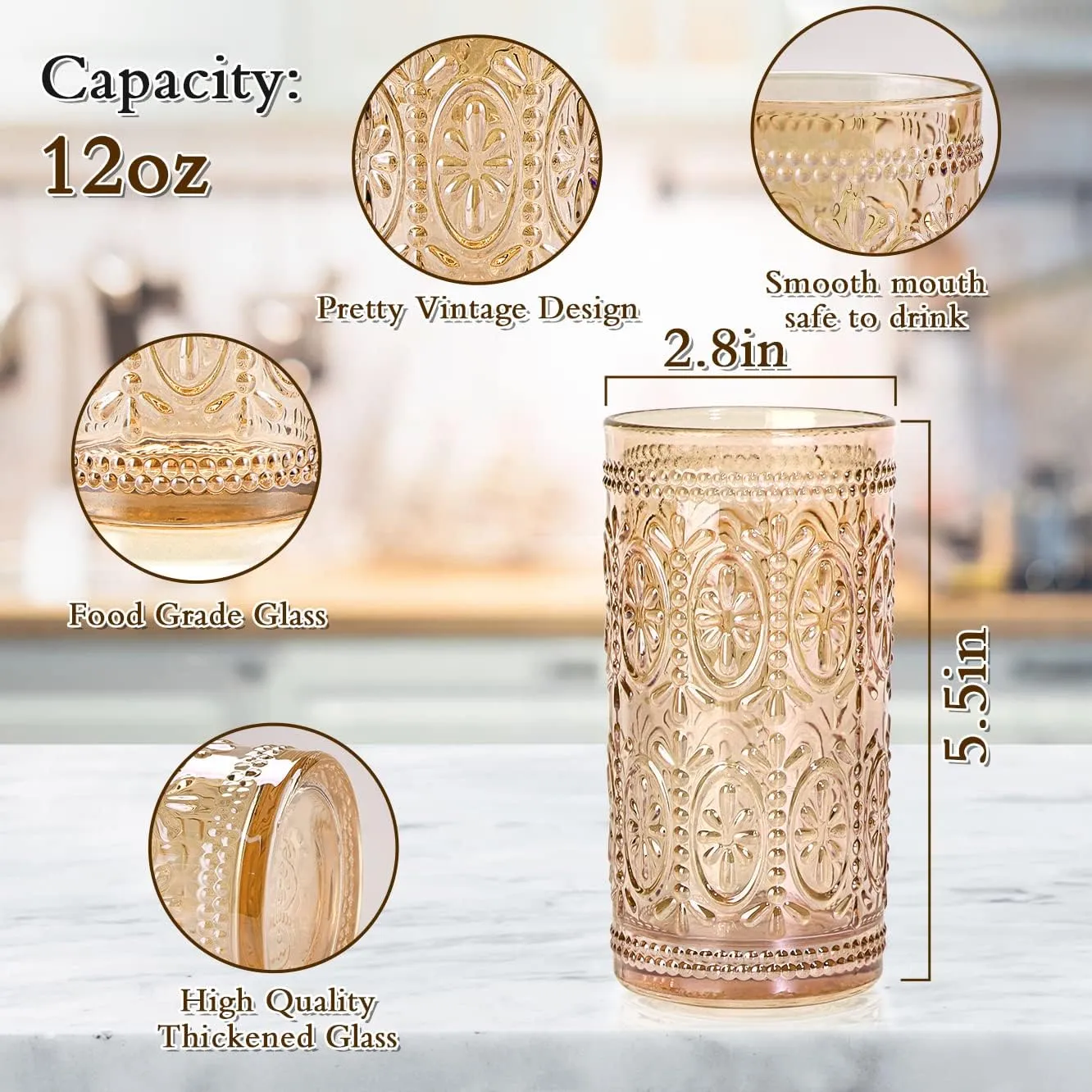 Amber Glassware set of 4 Vintage Drinking Glasses, 12oz Amber Heavy Duty Glass Cups, Old Fashioned Glass, Highball Glasses Set for Party Wedding Home Office Glassesware Gift