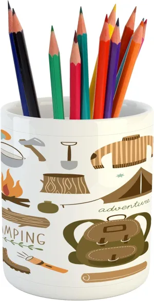 Ambesonne Adventure Pencil Pen Holder, Camping Equipment Sleeping Bag Boots Campfire Shovel Hatchet Log Artwork Print, Printed Ceramic Pencil Pen Holder for Desk Office Accessory, Multicolor