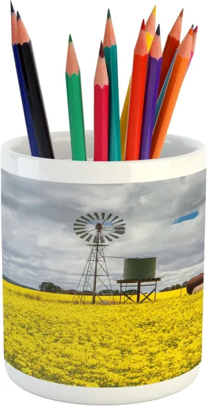 Ambesonne Windmill Pencil Pen Holder, Canola Meadow Stormy Day Victorian Goldfields Agricultural Farmland, Printed Ceramic Pencil Pen Holder for Desk Office Accessory, Yellow Grey and White