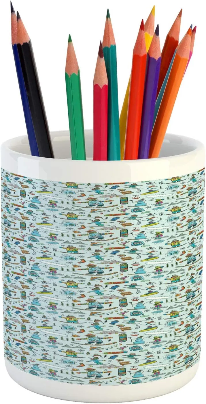 Ambesonne Winter Pencil Pen Holder, Seasonal Sports Skiing Boy Mountain Ice Snowman Alpine Vacation Childish Theme, Ceramic Pencil Holder for Desk Office Accessory, 3.6" X 3.2", Multicolor