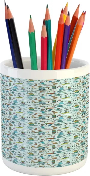 Ambesonne Winter Pencil Pen Holder, Seasonal Sports Skiing Boy Mountain Ice Snowman Alpine Vacation Childish Theme, Ceramic Pencil Holder for Desk Office Accessory, 3.6" X 3.2", Multicolor