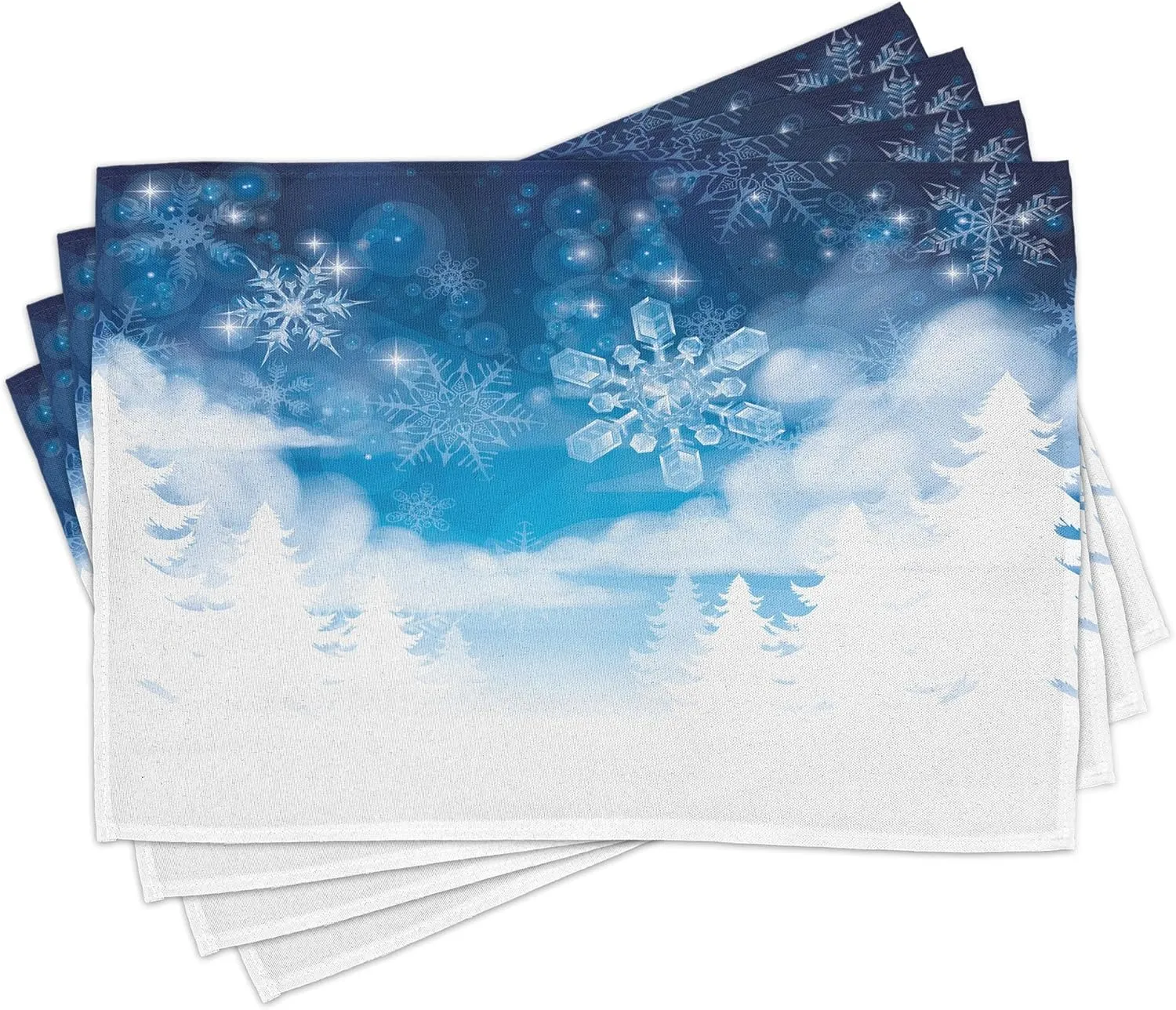 Ambesonne Winter Place Mats Set of 8, Christmas Trees Setting with Snowflakes and Stars New Year Graphic Image, Washable Fabric Placemats for Dining Table, Placemat 8 pcs, White and Blue