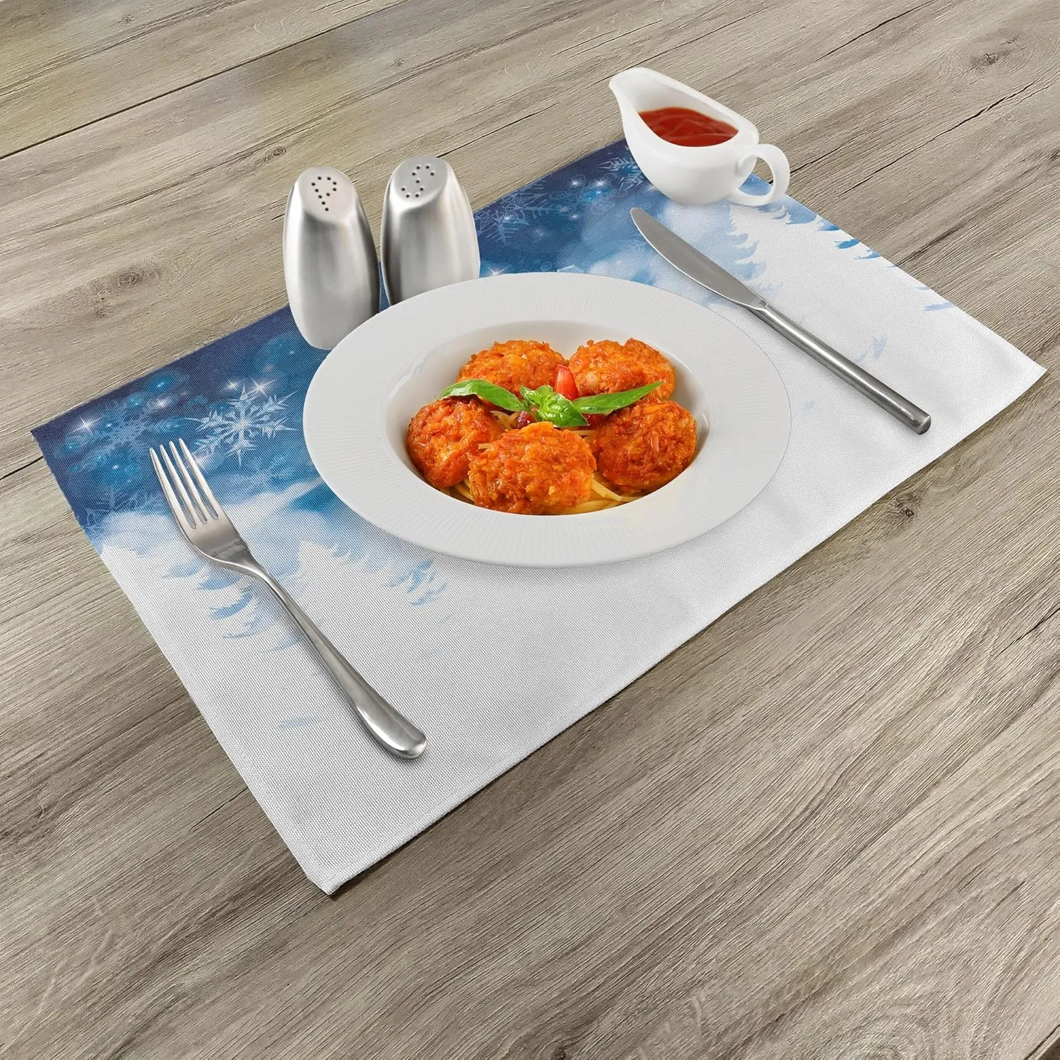 Ambesonne Winter Place Mats Set of 8, Christmas Trees Setting with Snowflakes and Stars New Year Graphic Image, Washable Fabric Placemats for Dining Table, Placemat 8 pcs, White and Blue