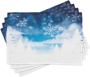 Ambesonne Winter Place Mats Set of 8, Christmas Trees Setting with Snowflakes and Stars New Year Graphic Image, Washable Fabric Placemats for Dining Table, Placemat 8 pcs, White and Blue