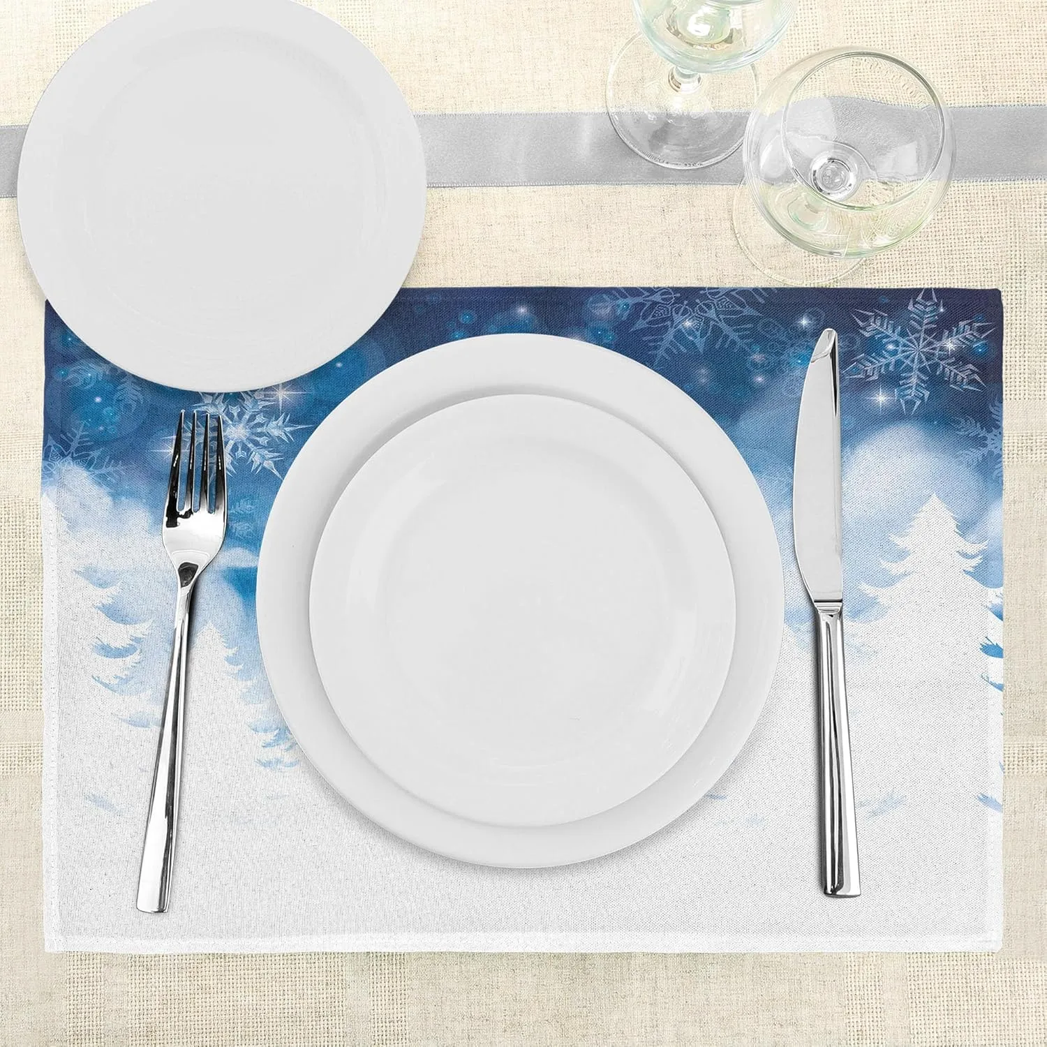 Ambesonne Winter Place Mats Set of 8, Christmas Trees Setting with Snowflakes and Stars New Year Graphic Image, Washable Fabric Placemats for Dining Table, Placemat 8 pcs, White and Blue