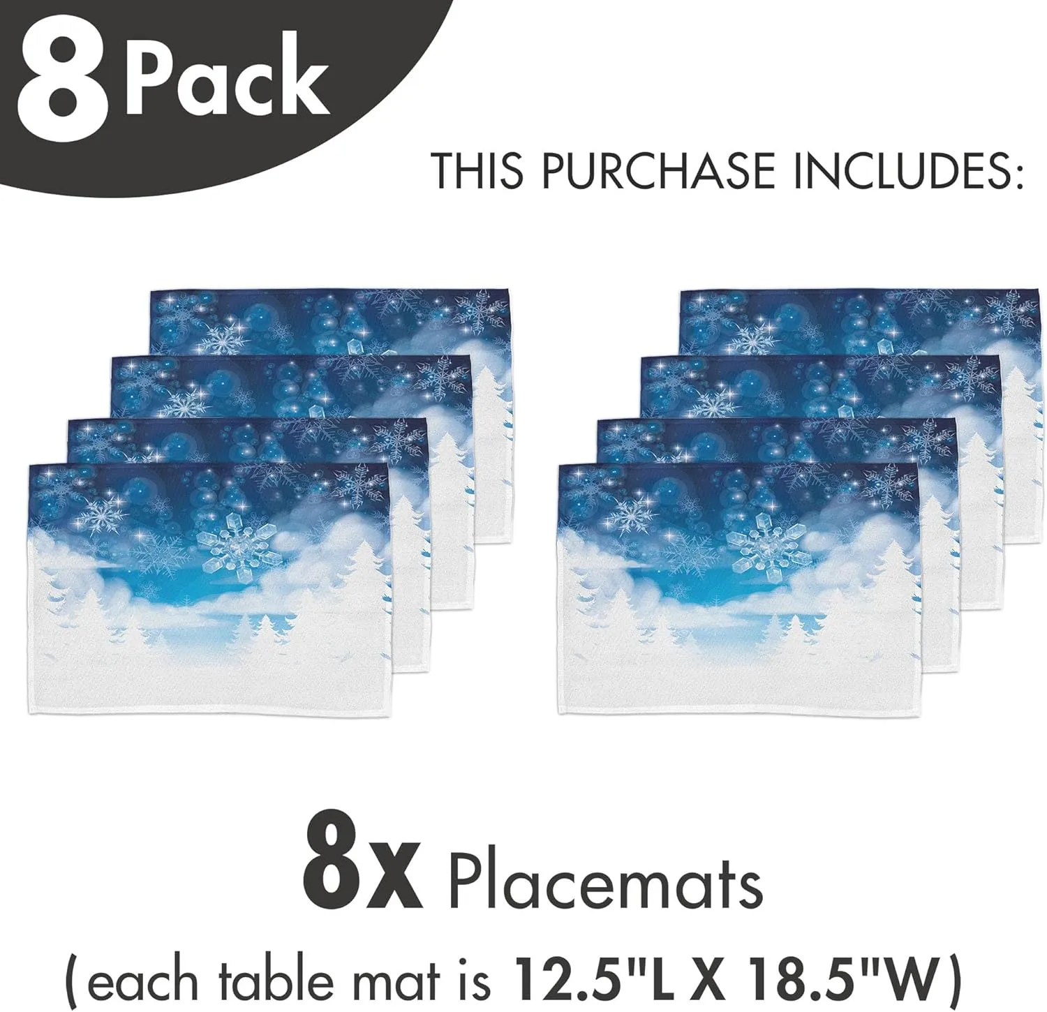 Ambesonne Winter Place Mats Set of 8, Christmas Trees Setting with Snowflakes and Stars New Year Graphic Image, Washable Fabric Placemats for Dining Table, Placemat 8 pcs, White and Blue