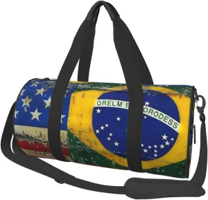 American and Brazilian Flags Printed Sports Gym Bag for Men Women Foldable Duffel Bag Carry On Weekender Bag for Travel Sports