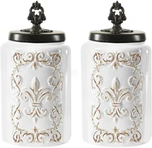 American Atelier Ceramic Canister Set 2-Piece Jars Chic Design w/Airtight Stainless Steel Lids for Cookies, Candy, Coffee, Flour, Sugar, Rice, Pasta, Cereal & More - Large, white, 2 large