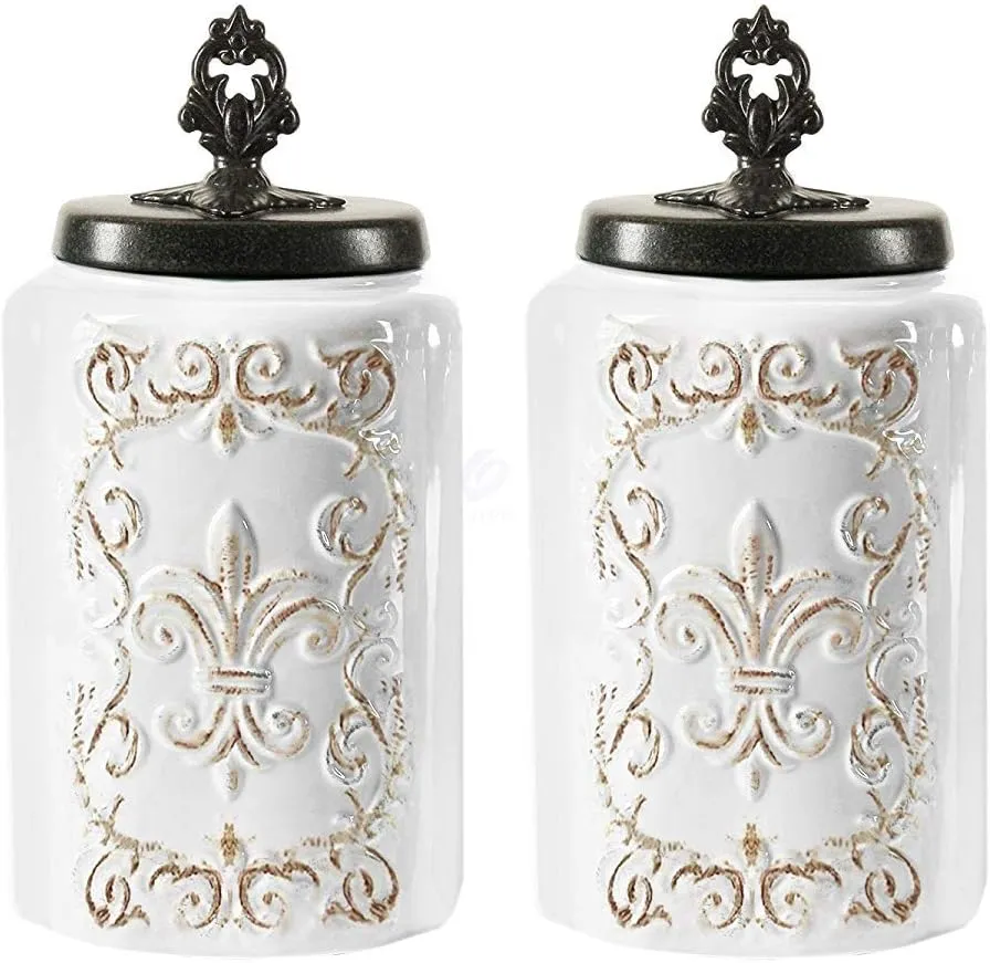 American Atelier Ceramic Canister Set 2-Piece Jars Chic Design w/Airtight Stainless Steel Lids for Cookies, Candy, Coffee, Flour, Sugar, Rice, Pasta, Cereal & More - Large, white, 2 large