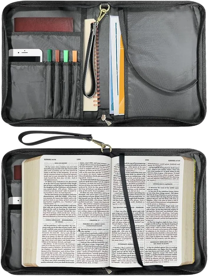 American Flag Horse Print Leather Bible Cover for Women Men Lightweight Bible Carrying Case Waterproof Bible Carrier with Detachable Wristlet Strap Church Bag for Religious Bible Gift, L