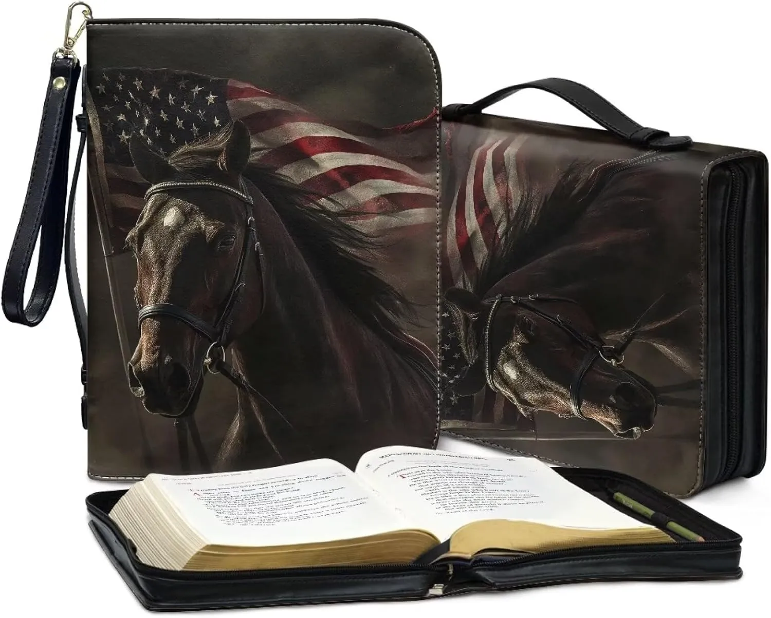 American Flag Horse Print Leather Bible Cover for Women Men Lightweight Bible Carrying Case Waterproof Bible Carrier with Detachable Wristlet Strap Church Bag for Religious Bible Gift, L