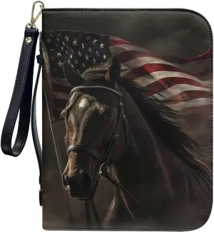 American Flag Horse Print Leather Bible Cover for Women Men Lightweight Bible Carrying Case Waterproof Bible Carrier with Detachable Wristlet Strap Church Bag for Religious Bible Gift, L